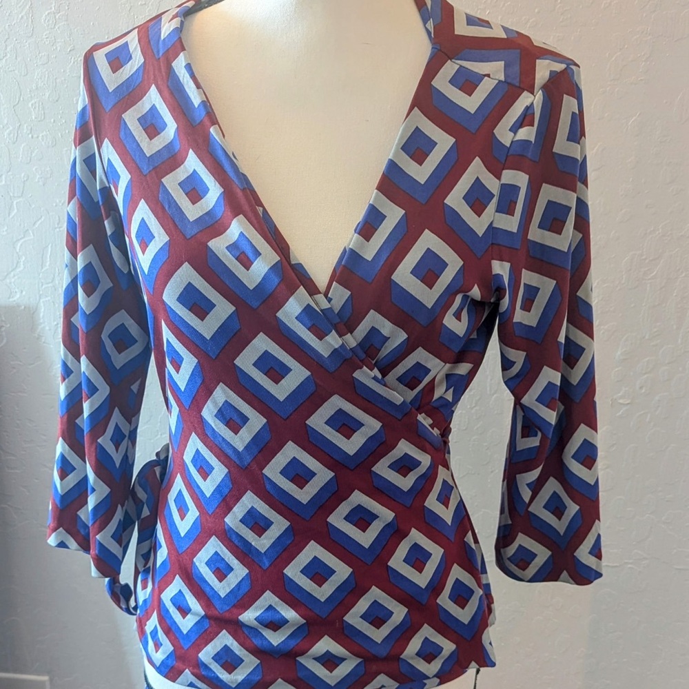 Diane Von Furstenberg Graphic Wrap Blouse in Blue and Red